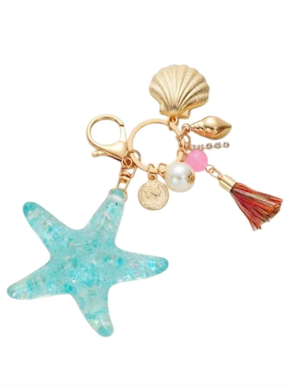 Blue Glitter Starfish Shell Tassel Pearl Keychain